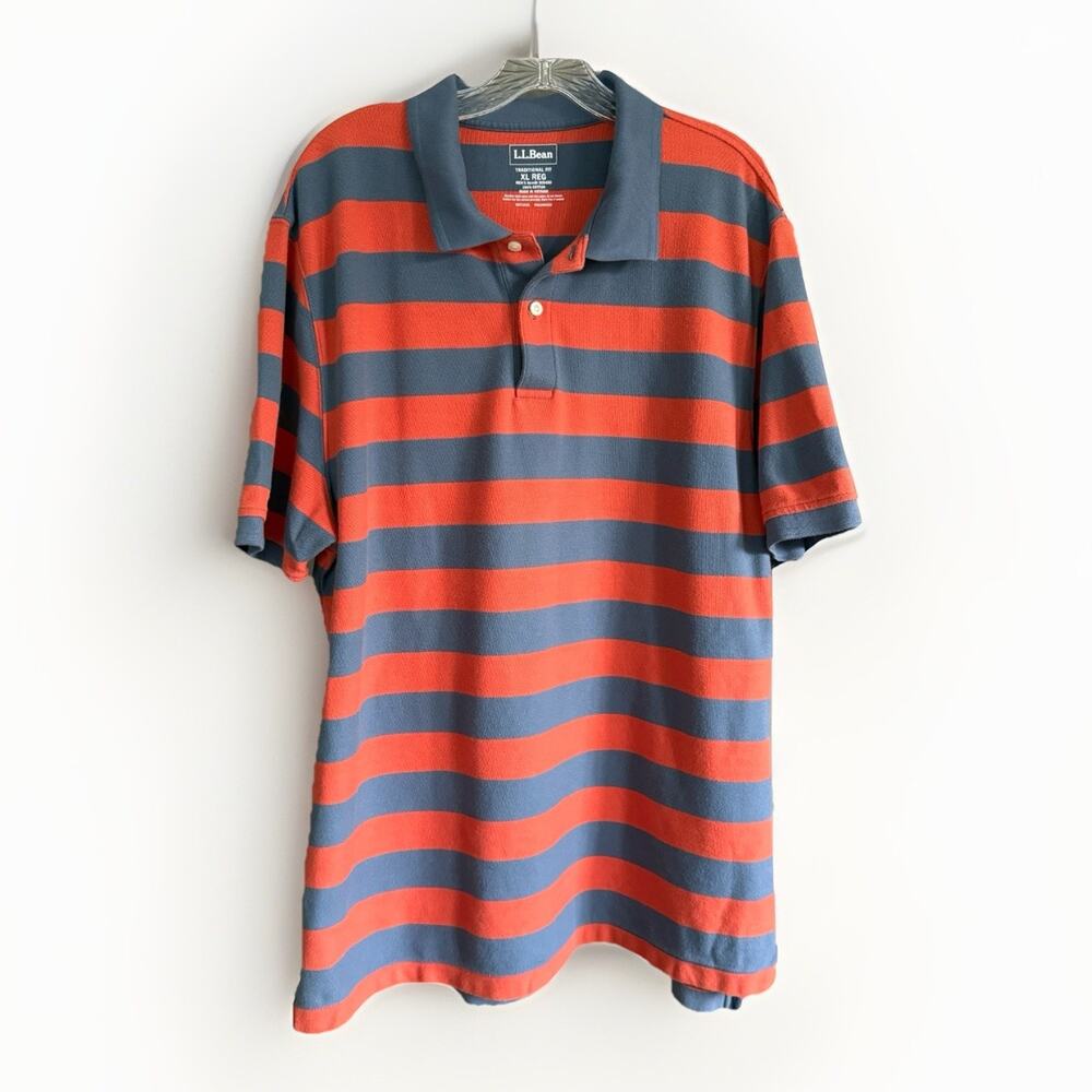 LL Bean Polo Red Blue Striped Traditional Fit Short Sleeves Blokecore Men's XL‎